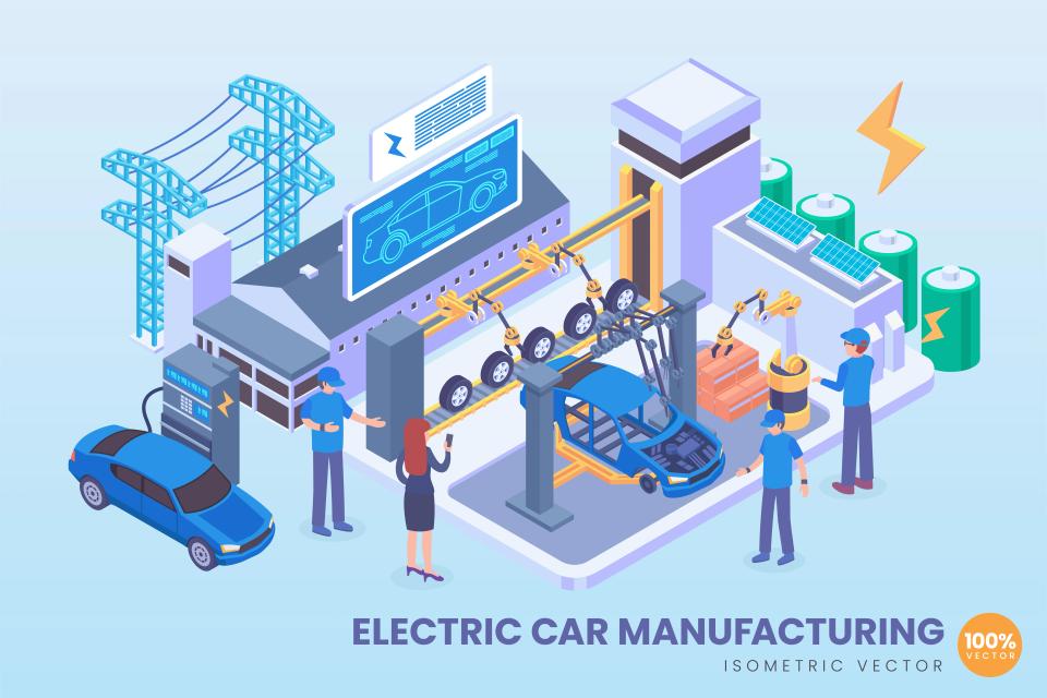Ilustração do processo de fabricação de veículos elétricos