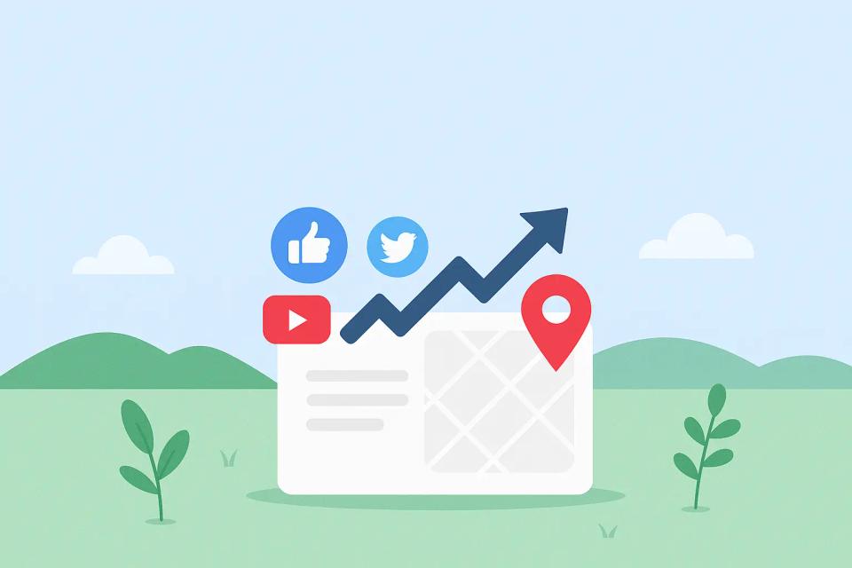 Ícones de redes sociais com um gráfico de crescimento