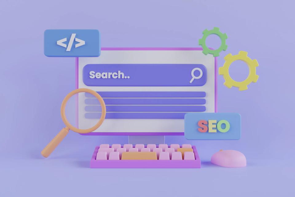 Ilustração 3D de ferramentas de busca SEO