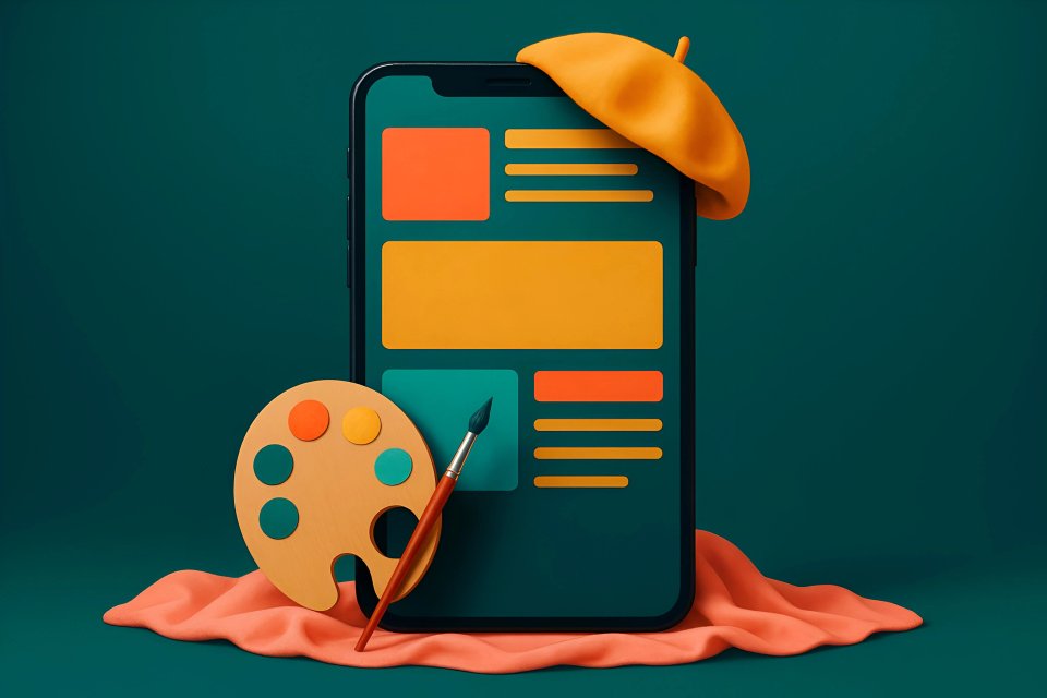 Smartphone com materiais artísticos e cores vibrantes