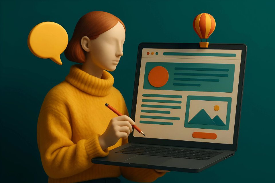 Pessoa criando o layout de uma página em um laptop
