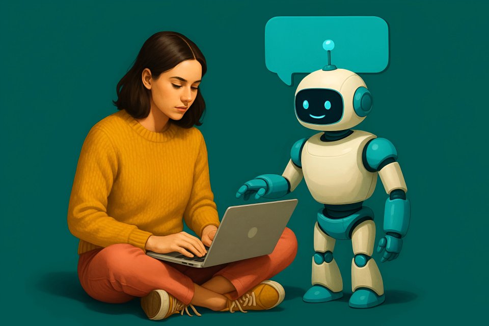 Mulher com laptop e robô simpático