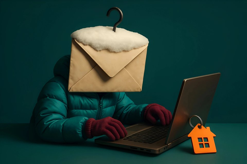 Pessoa com cabeça de envelope usando laptop