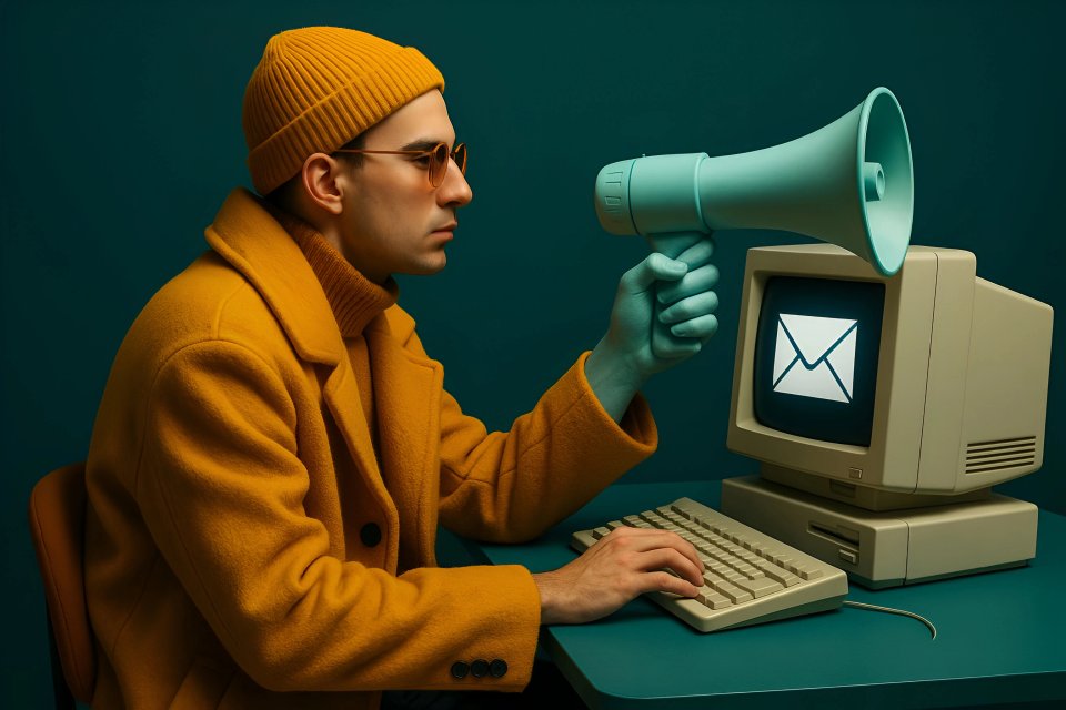 Homem com megafone e computador