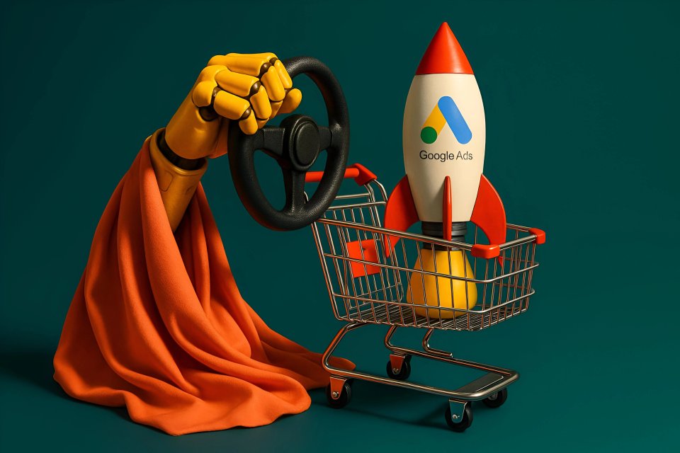Mão robótica direcionando o foguete do Google Ads