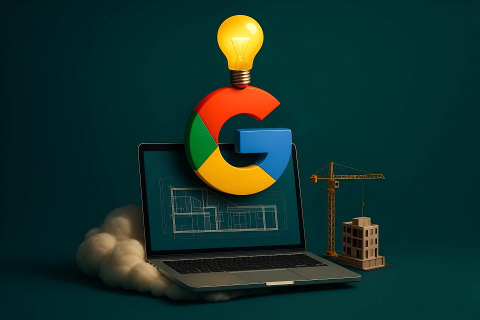 Logo do Google acompanhado de um laptop e ferramentas de construção