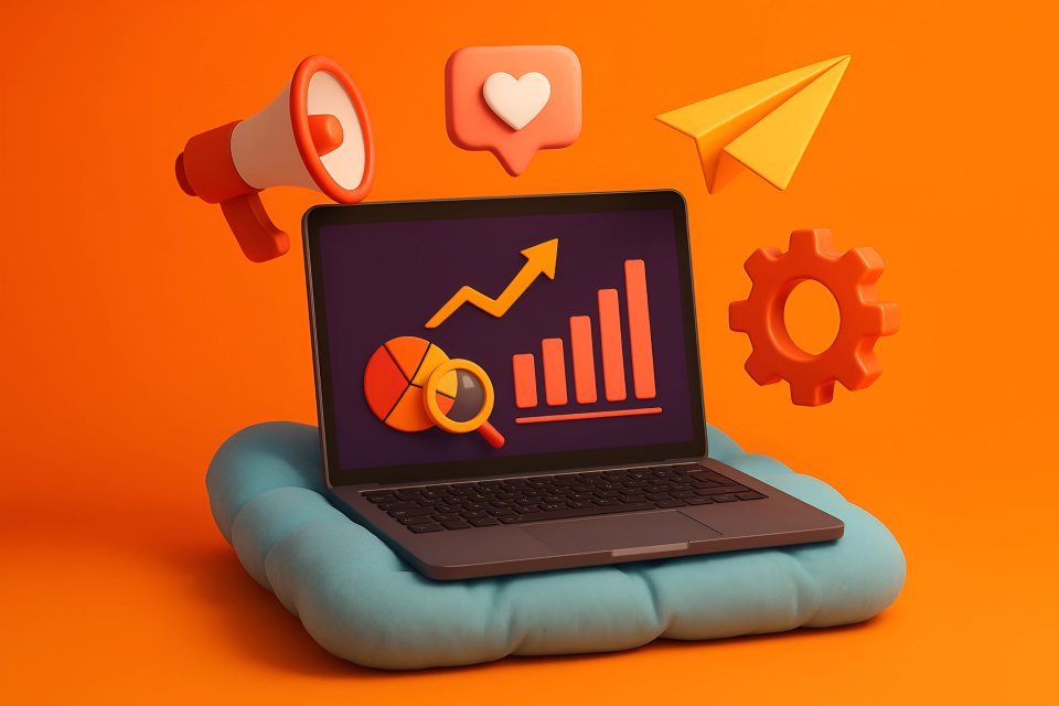 Laptop with marketing growth icons