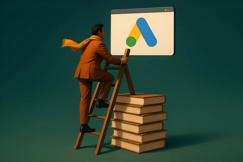 En mann som klatrer stigen mot Google Ads