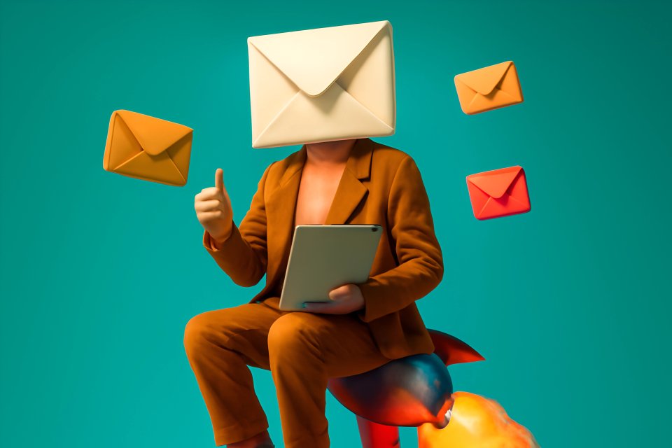 Pessoa com cabeça de envelope em um foguete
