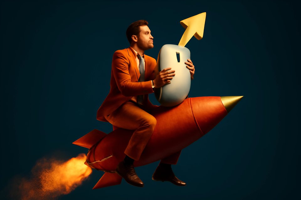 Mann auf einer Rakete mit Computermaus