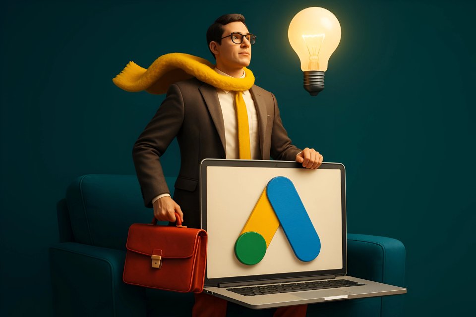 Geschäftsmann mit Google Ads Laptop