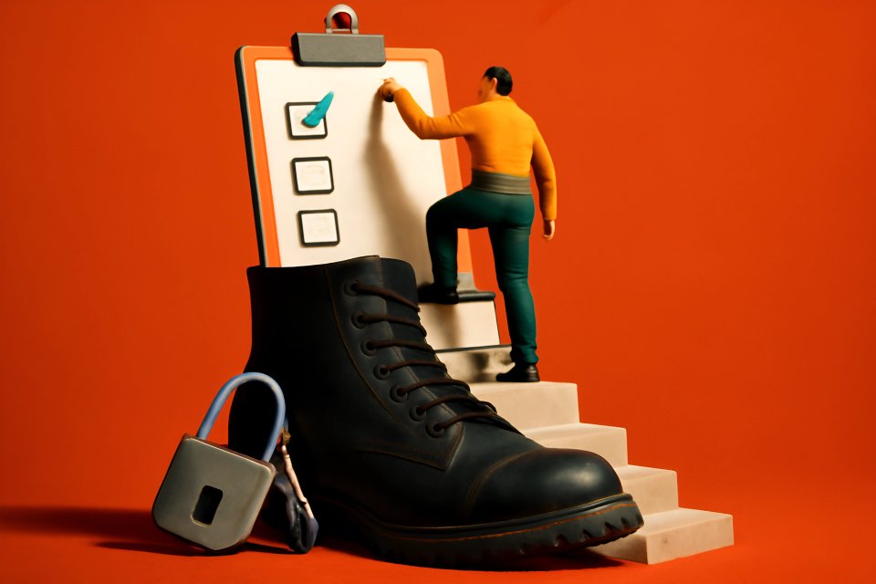 Mann mit Stiefel und Checkliste