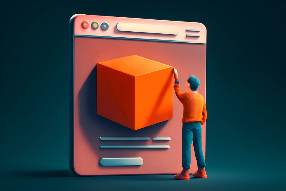 Person, die einen 3D-Würfel am Bildschirm gestaltet