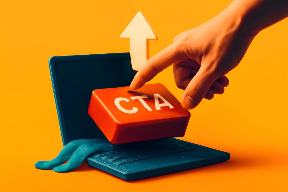 Hand, die den CTA-Button auf einem Laptop betätigt