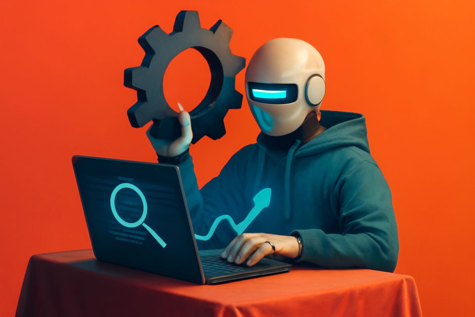 Robot with gear and laptop