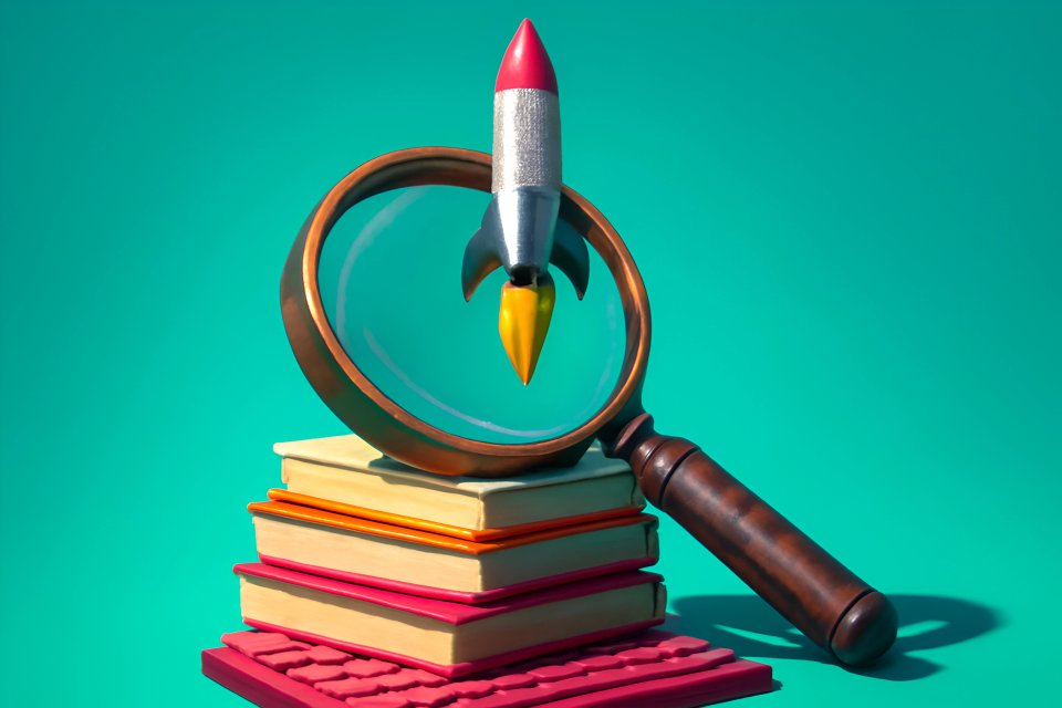 Rakete und Lupe auf Büchern