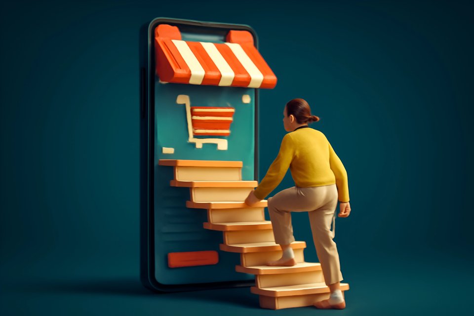 Person, der klatrer op ad trapper mod en smartphonebutik