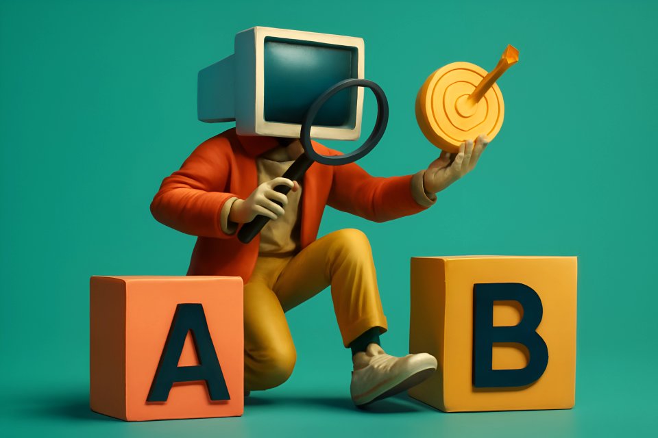 Figur mit Computerkopf, die verschiedene Optionen analysiert