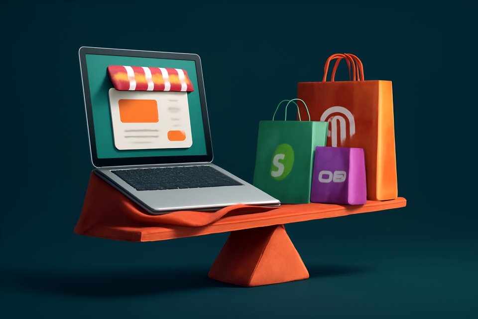 Laptop und Einkaufstaschen im ausgewogenen Verhältnis