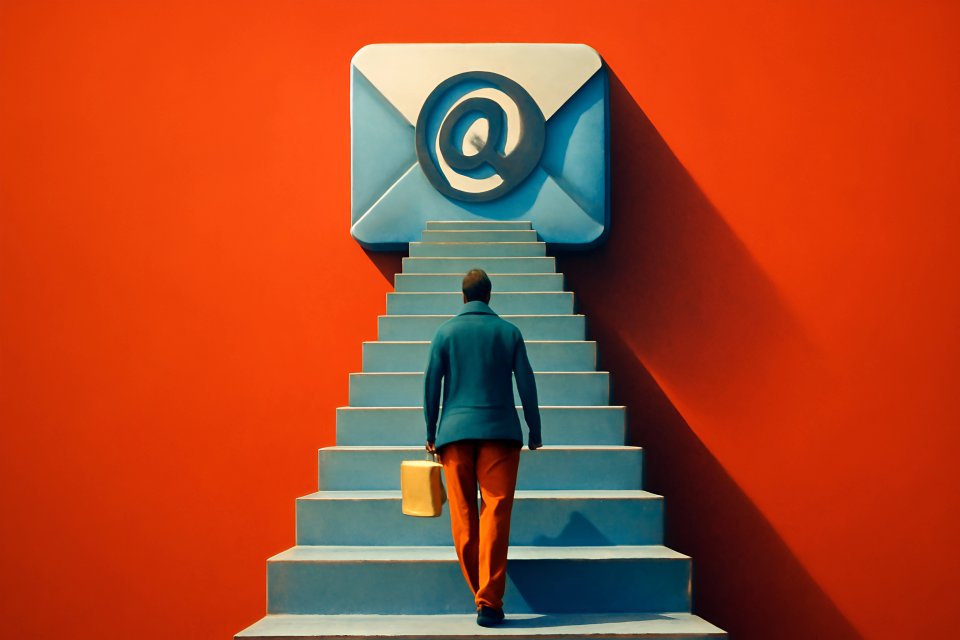 Person, die eine Treppe hinauf zum E-Mail-Symbol steigt