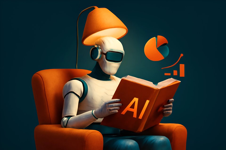 Robô estudando conceitos de inteligência artificial