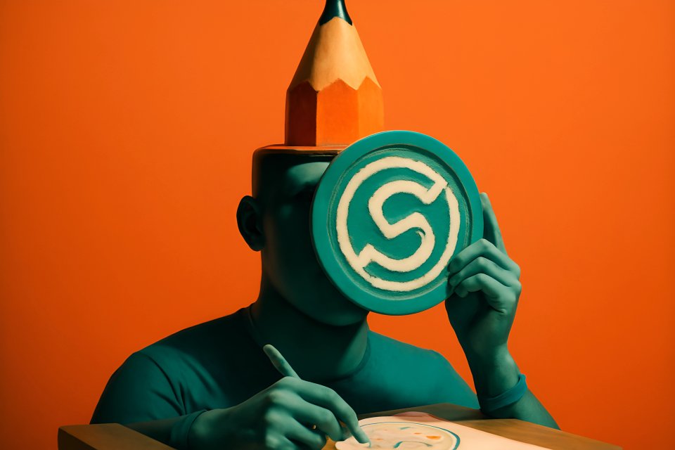 Figure bleu-vert avec un chapeau en forme de crayon