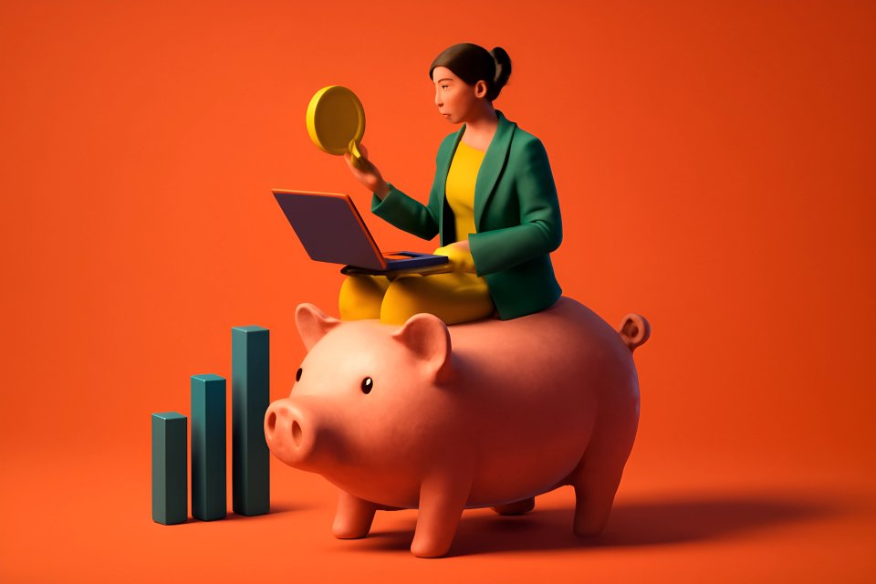 Woman analyzing finances on piggy bank.