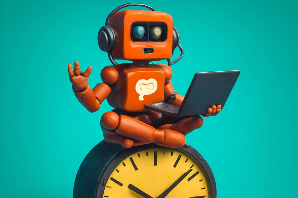 Robot med bærbar computer ved uret