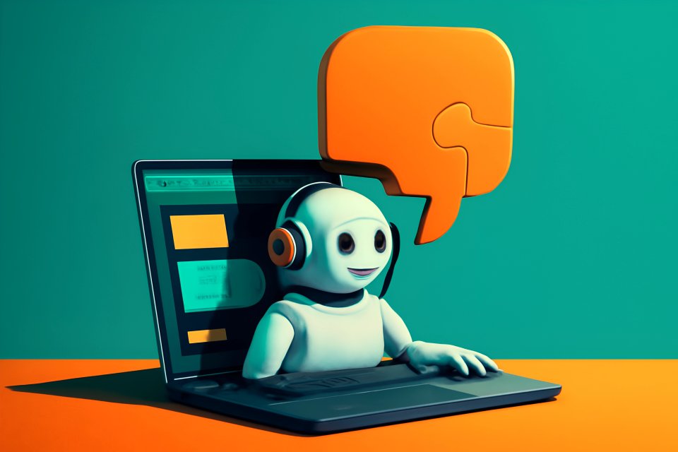 Tecknad robot med laptop och pratbubbla