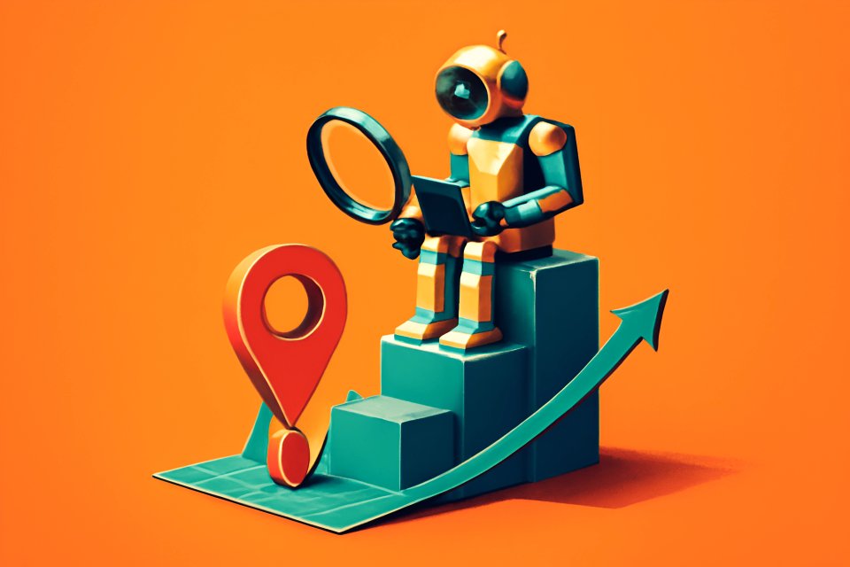 Robot med förstoringsglas och diagram