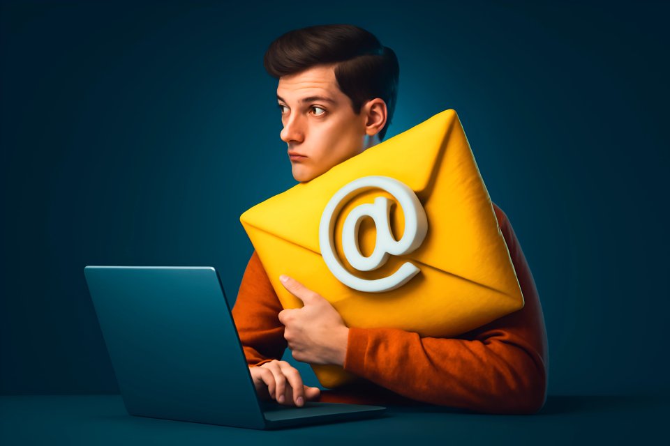 Man met een e-mailenvelop en een laptop
