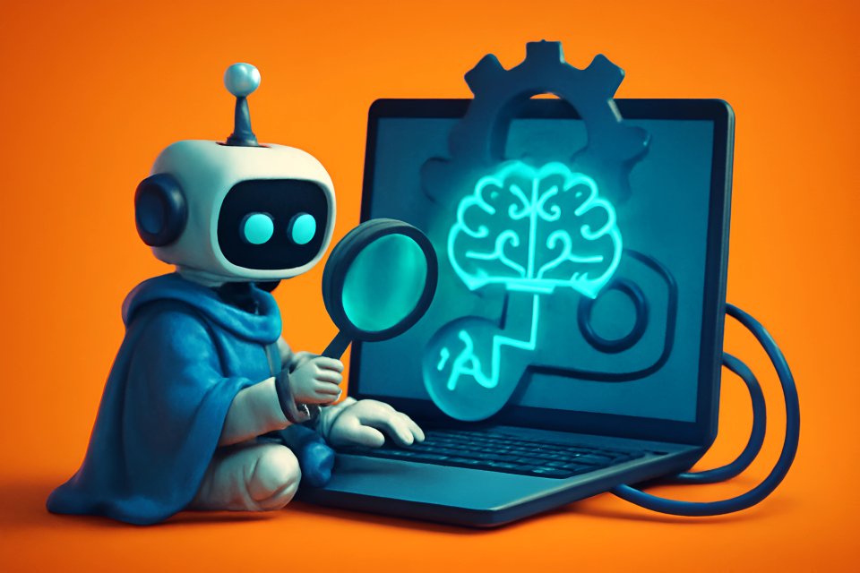 Robot con laptop y gráfico cerebral