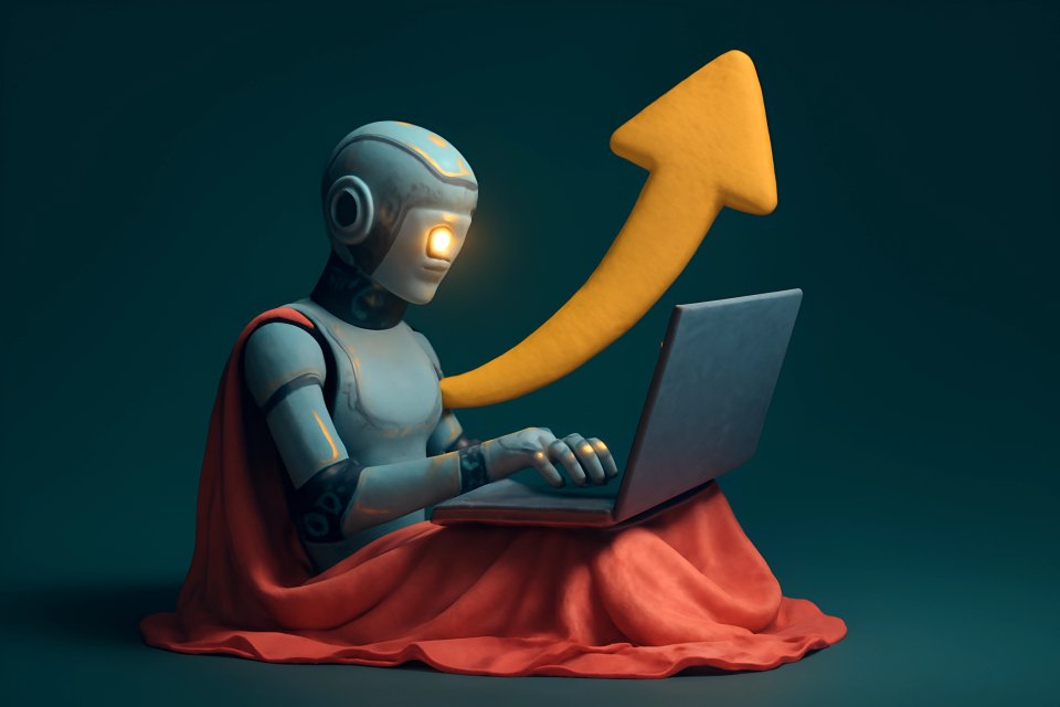 Robot escribiendo en una laptop con una flecha ascendente