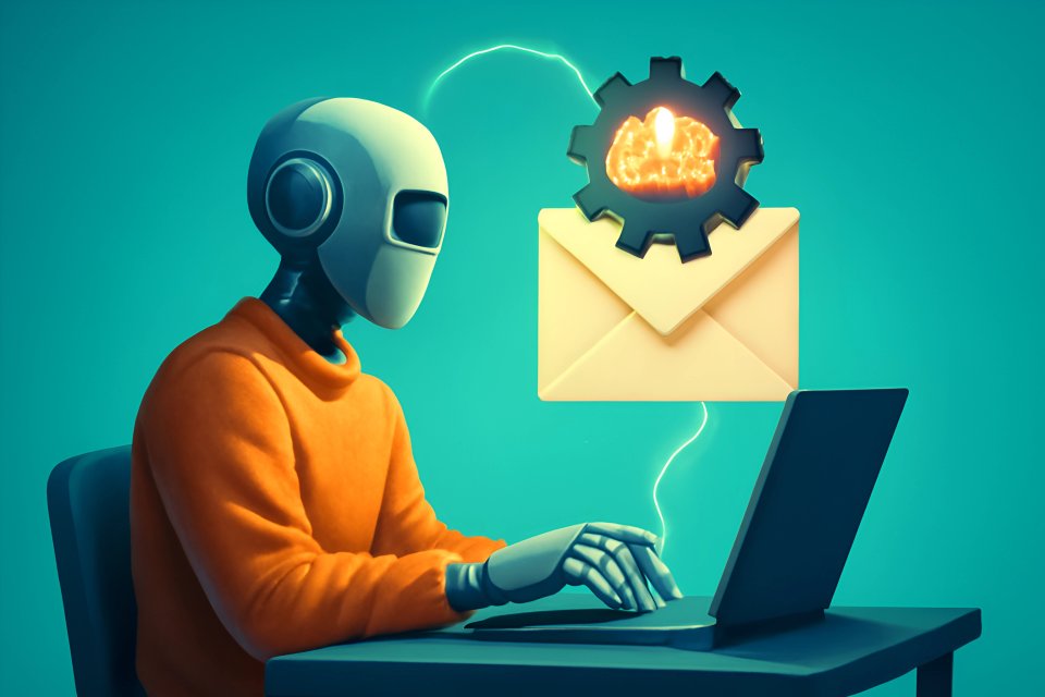 Robot som skriver på en bærbar PC for automatisering