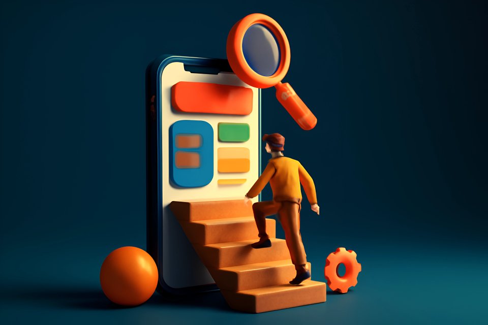 Person climbing stairs to smartphone interface