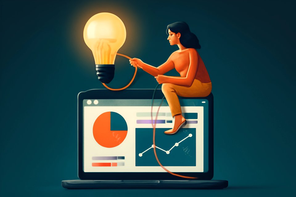 Woman with light bulb on laptop