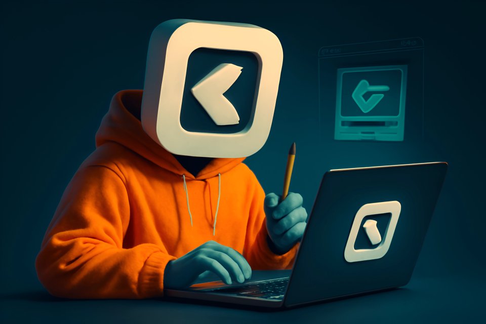 En person med logotyp i huvudet använder en laptop