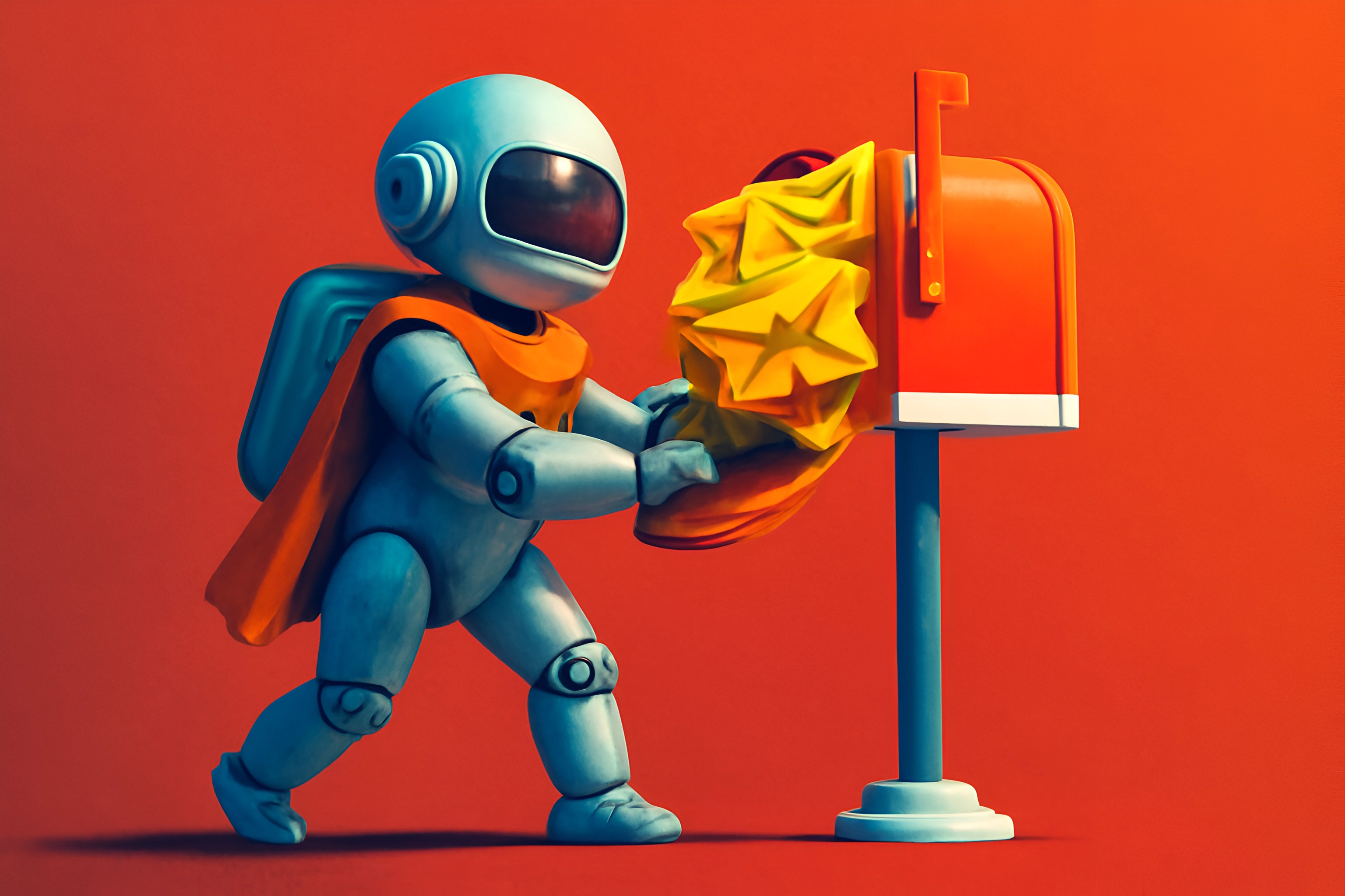 Astronaut mit Briefkasten und bunter Tasche