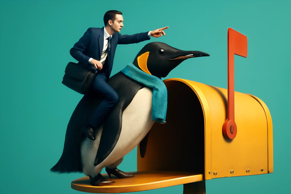 Geschäftsmann auf einem Pinguin mit Briefkasten