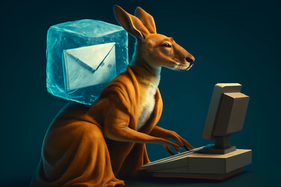 Kangaroo using computer with ice cube mail.