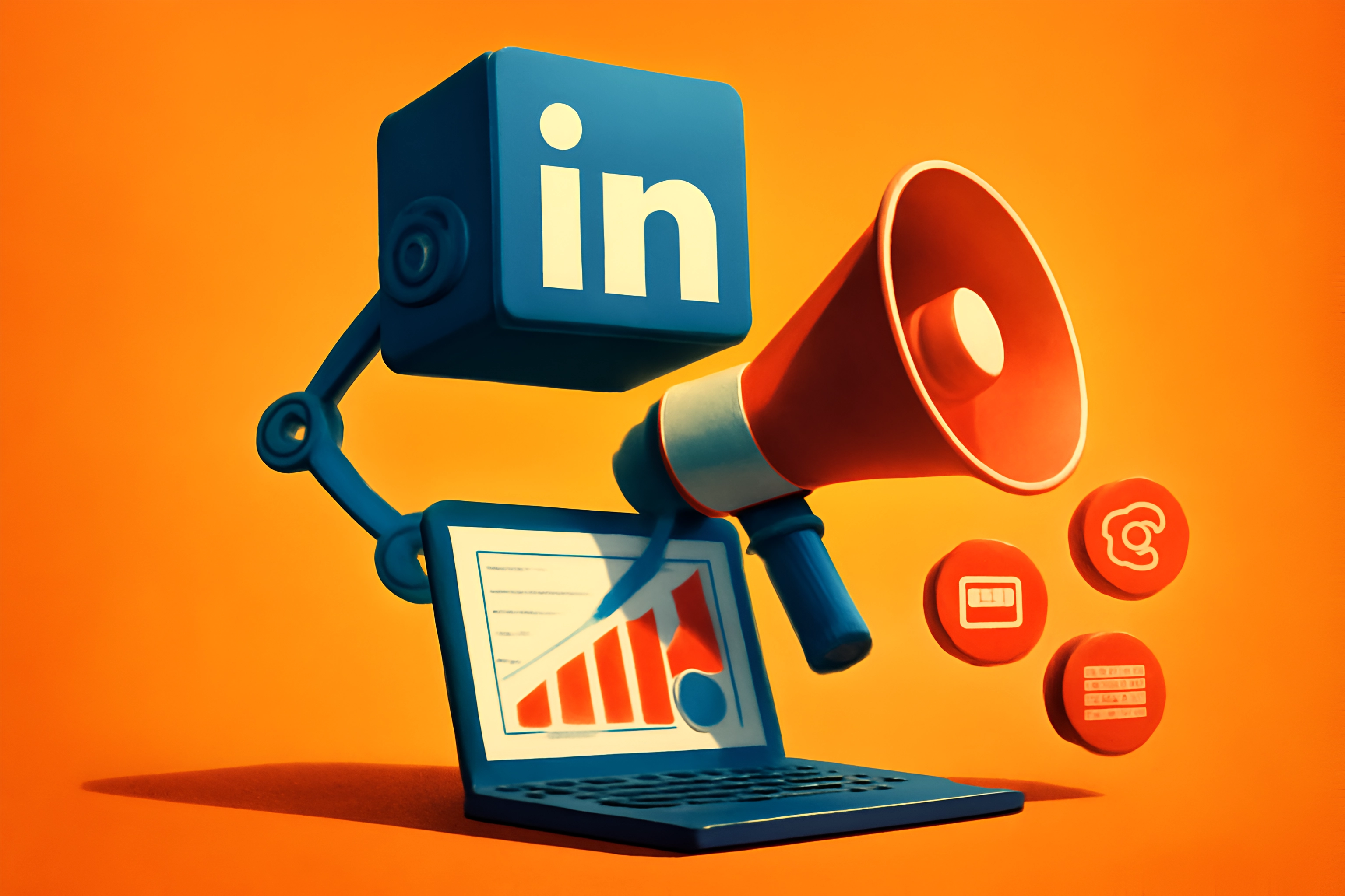 LinkedIn promotion with megaphone and laptop