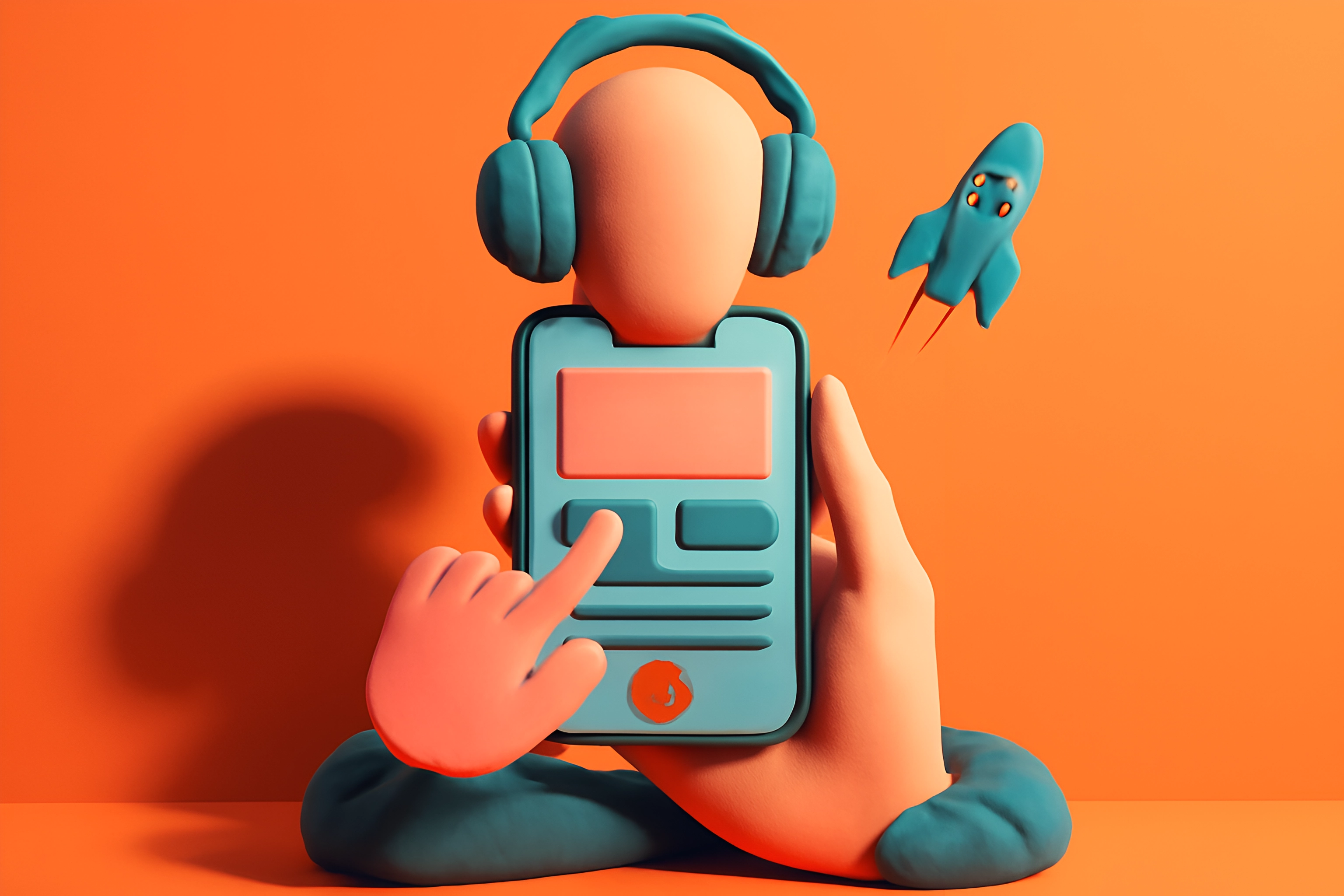 Colorful figure with smartphone and rocket.