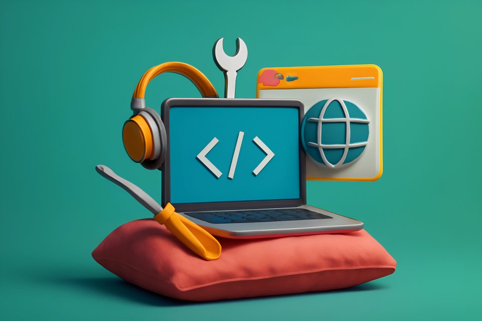 Laptop with coding tools and globe