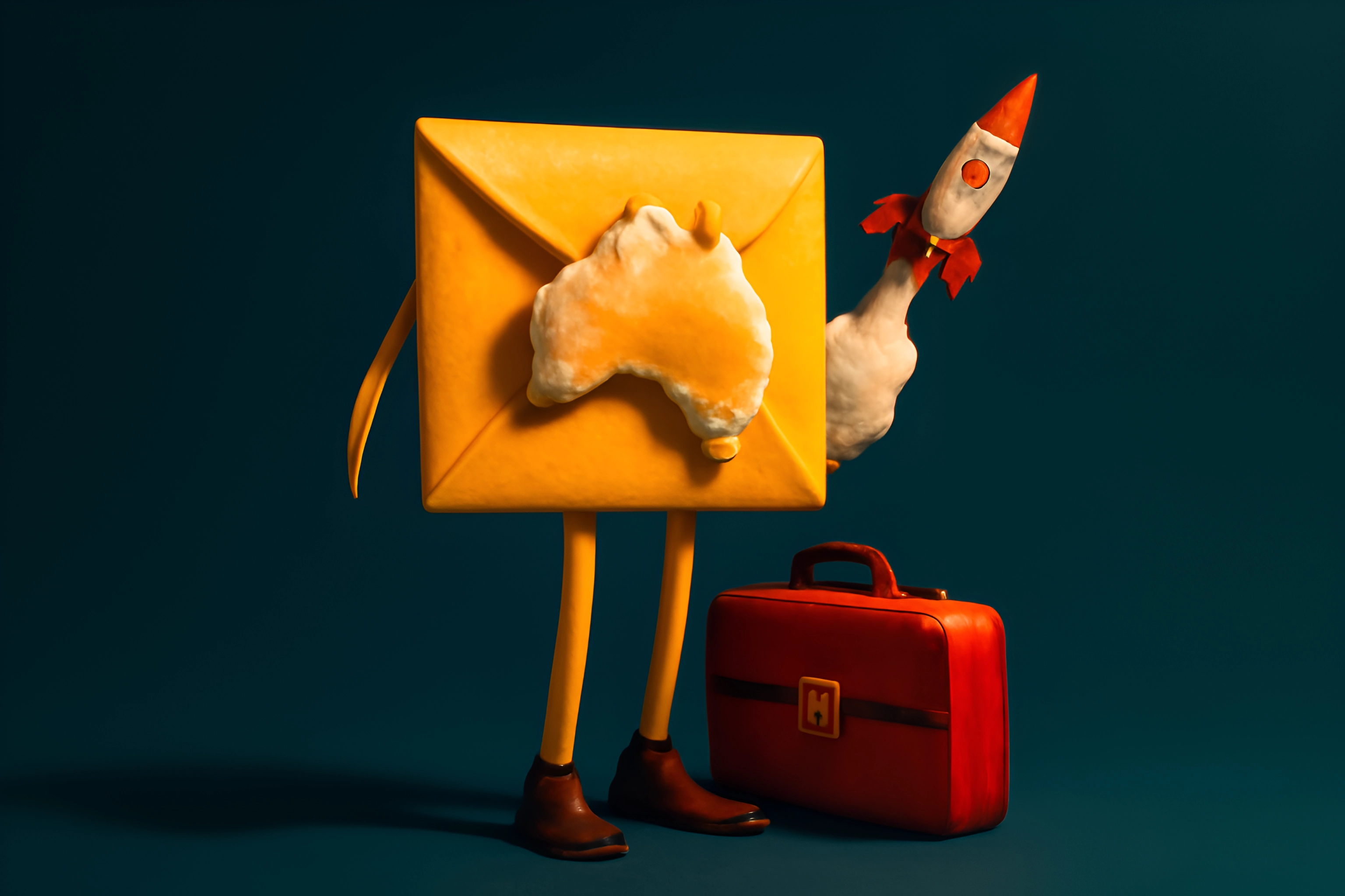 Envelope character with rocket illustration