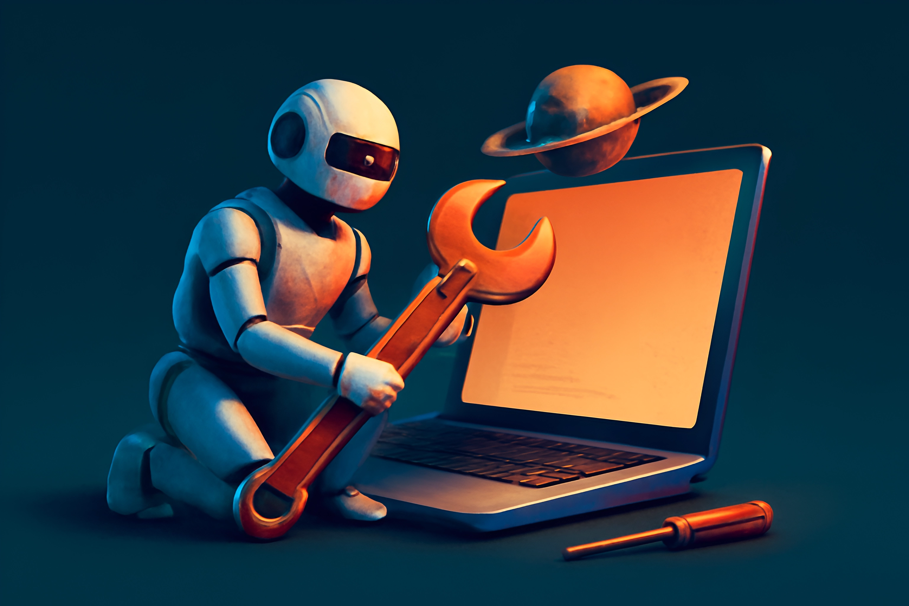 Robot fixing laptop with tools