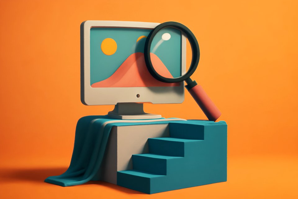 Illustration af en computer med forstørrelsesglas