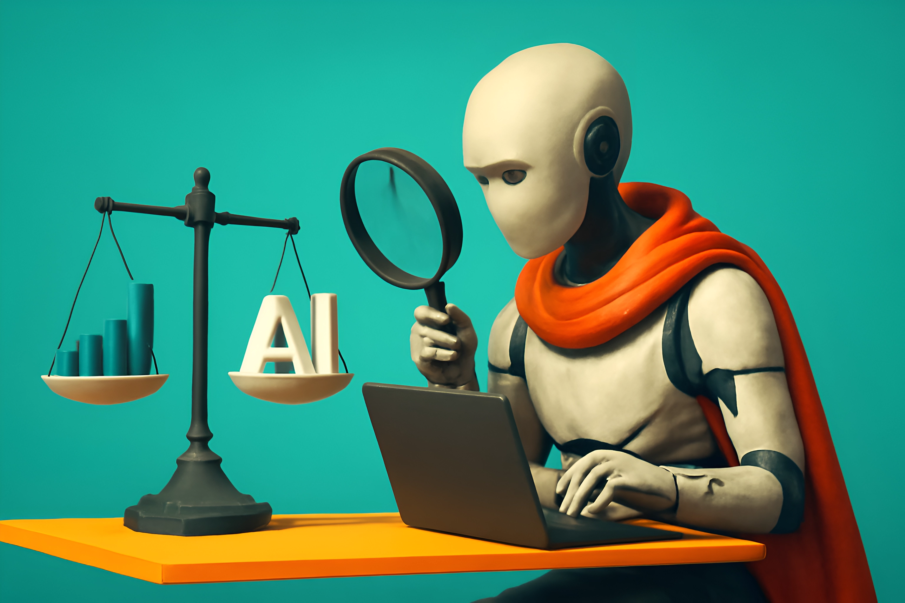 Robot som analyserar data och rättvisans vågar.