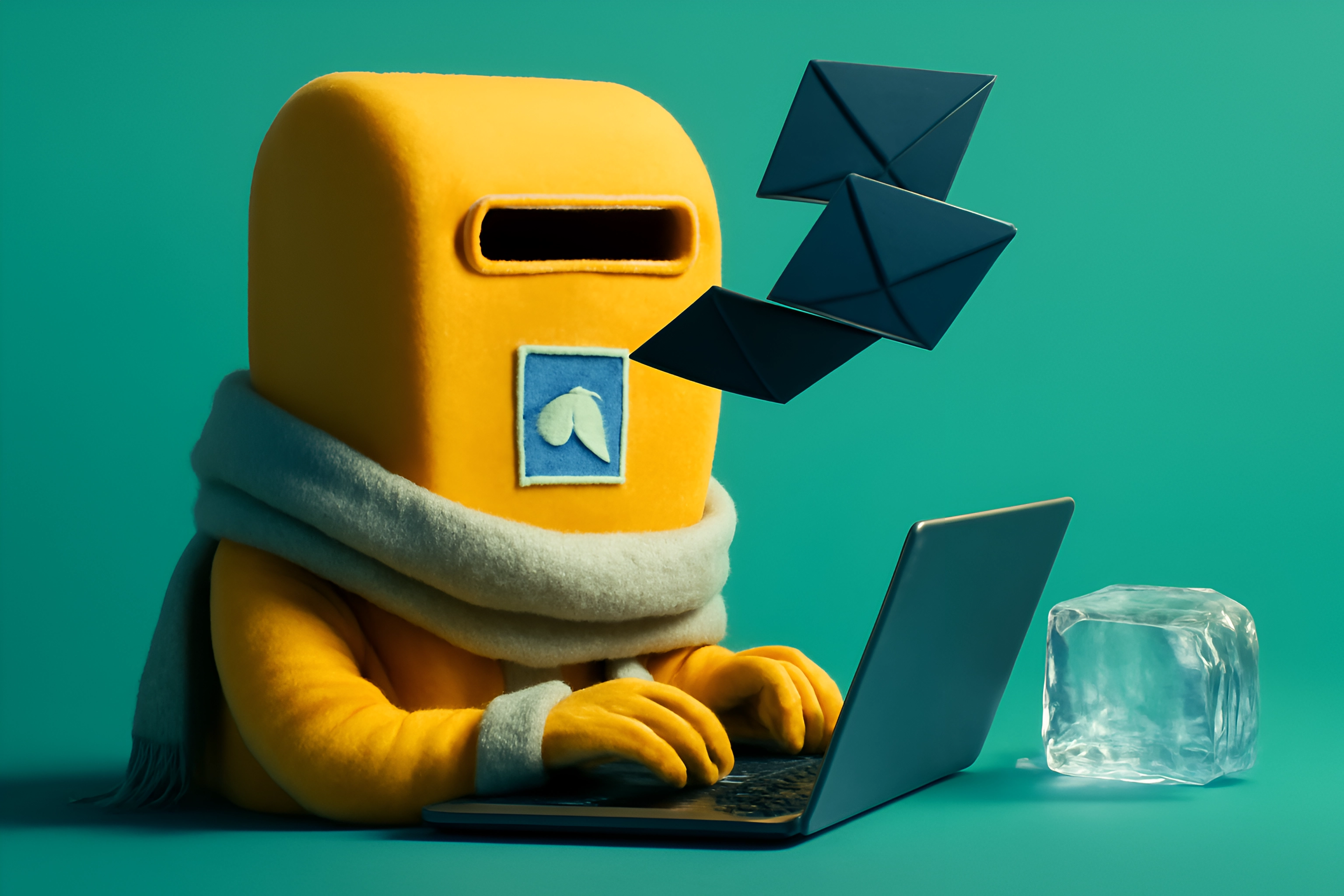 Gul figur som arbetar med en laptop omgiven av kuvert