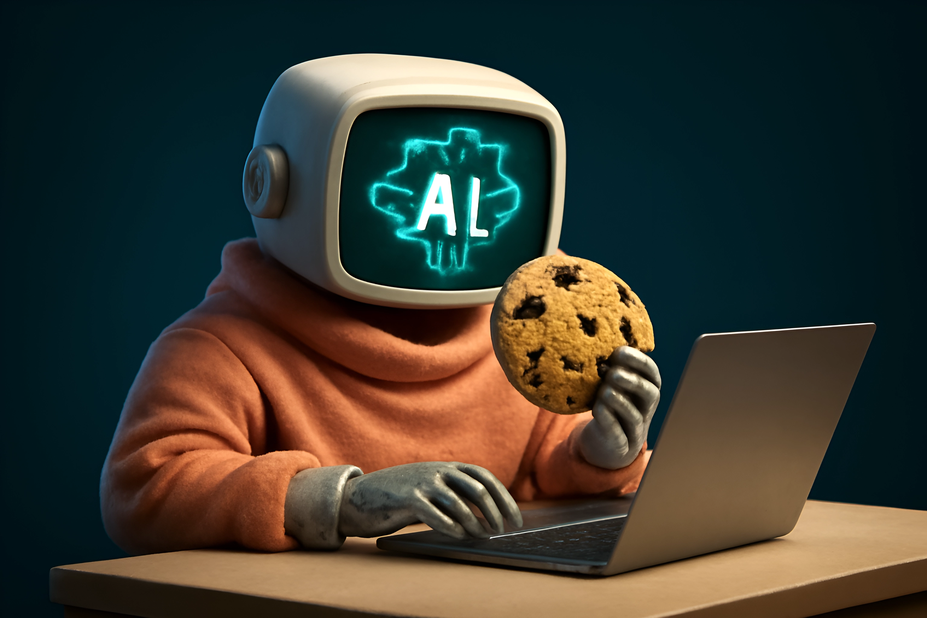 Robot with cookie and laptop