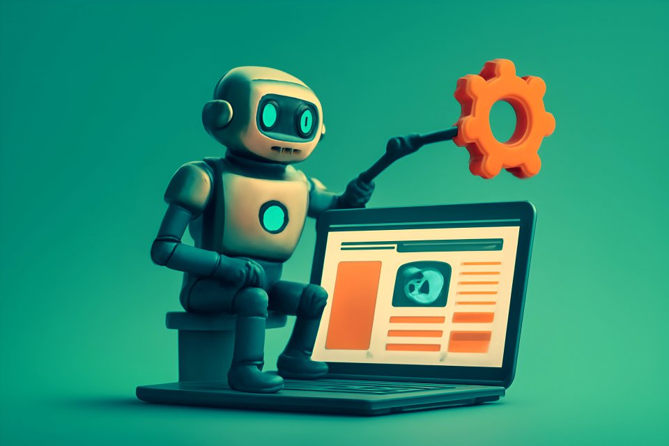 Robot with gear on laptop